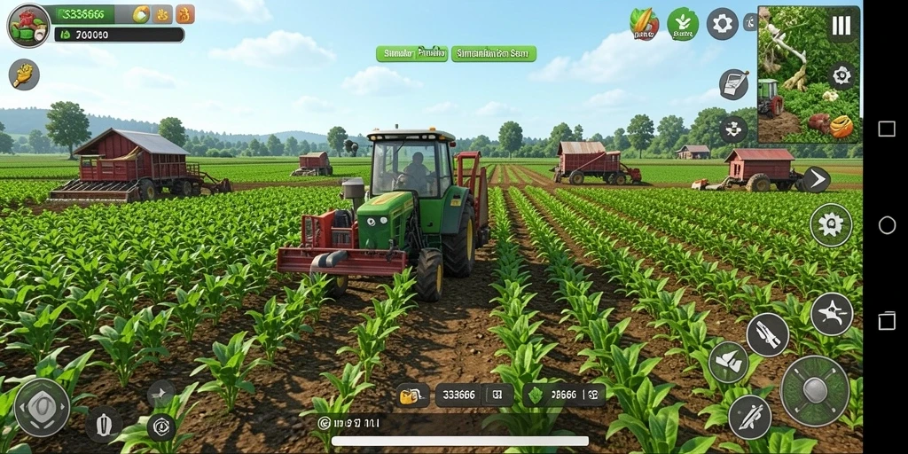 Gameplay seru dalam simulator pertanian 333666 dengan interaksi hewan dan tanaman.