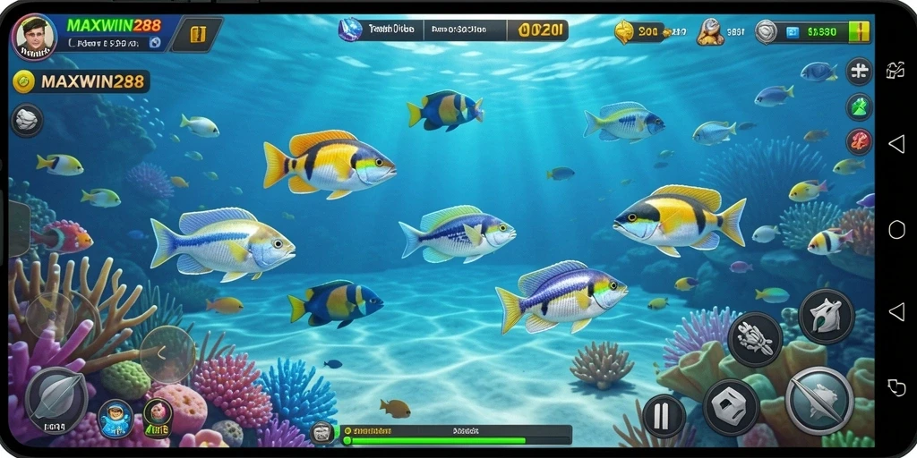 Tampilan gameplay menarik dari MAXWIN288 saat menembak ikan.