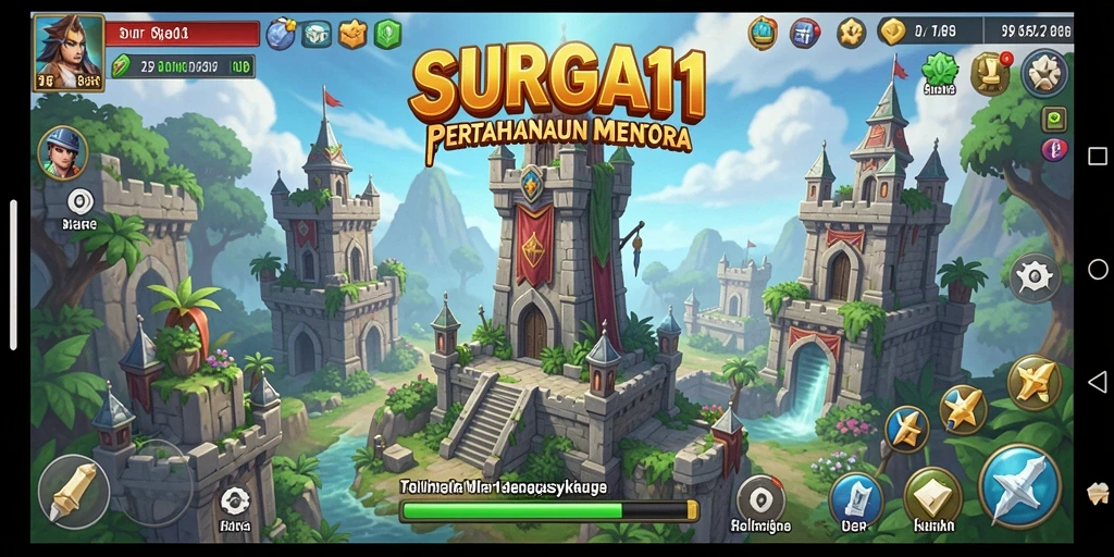 Screenshot gameplay SURGA11 menunjukkan aksi menara mempertahankan benteng dari serangan musuh.