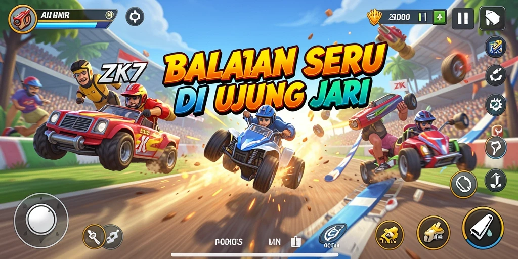 Gameplay penuh aksi balapan dalam ZK7 di trek yang menantang.